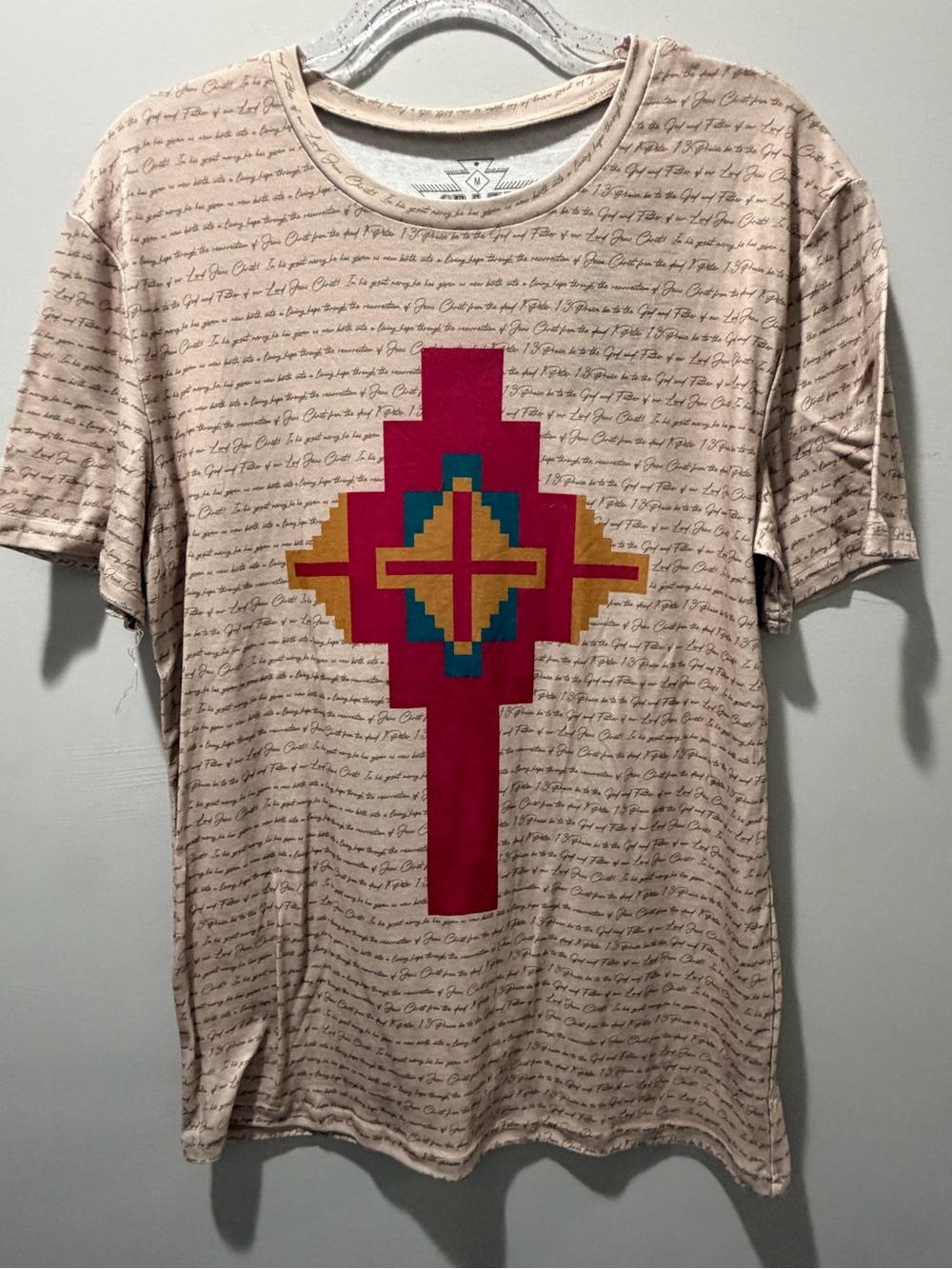 Crazy Train beige cream graphic tee with cross & Easter Scripture